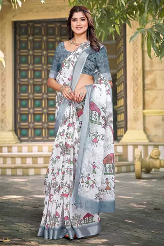 Cream linen cotton saree