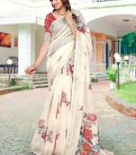 Cream linen cotton saree