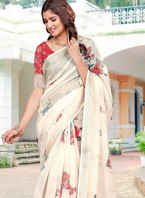Cream linen cotton saree 3