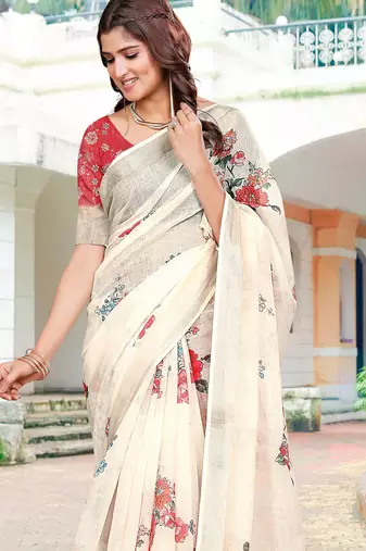 Cream linen cotton saree