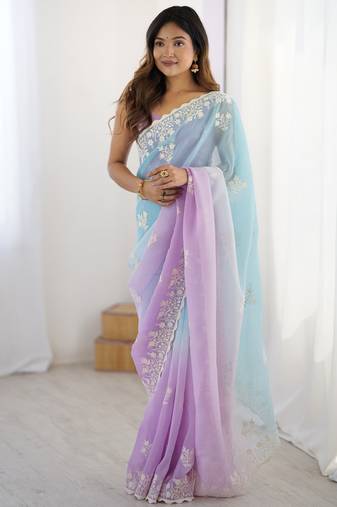 Lavender crunchy silk blend embroidered saree