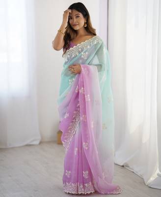 Purple crunchy silk blend embroidered saree 1