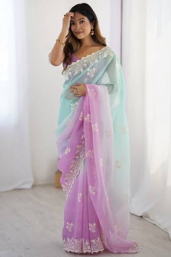 Purple crunchy silk blend embroidered saree