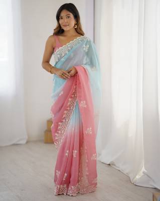 Rust crunchy silk blend embroidered saree 1