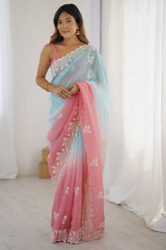 Rust crunchy silk blend embroidered saree
