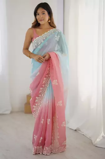 Rust crunchy silk blend embroidered saree