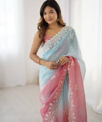 Rust crunchy silk blend embroidered saree 4