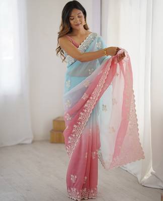 Rust crunchy silk blend embroidered saree 5