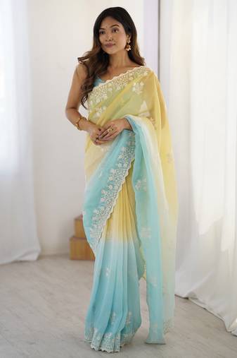 Yellow crunchy silk blend embroidered saree