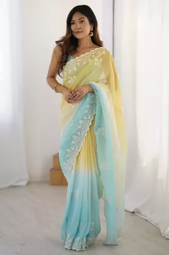 Yellow crunchy silk blend embroidered saree