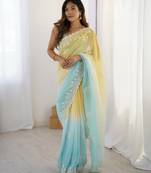 Yellow crunchy silk blend embroidered saree
