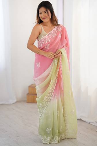 Pink crunchy silk blend embroidered saree