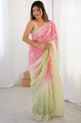 Pink crunchy silk blend embroidered saree