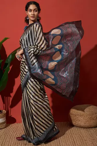 Black tissue digital printed fancy saree