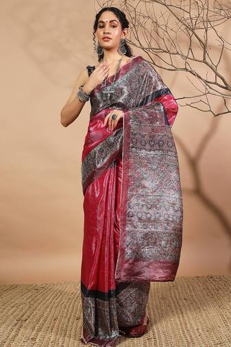 Pink tissue digital printed fancy saree