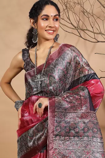 Pink tissue digital printed fancy saree