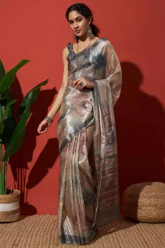 Grey tissue digital printed fancy saree