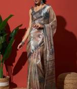 Grey tissue digital printed fancy saree