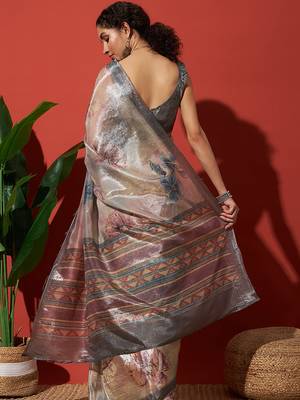 Grey tissue digital printed fancy saree 2