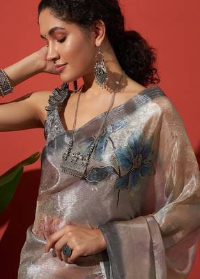 Grey tissue digital printed fancy saree 3