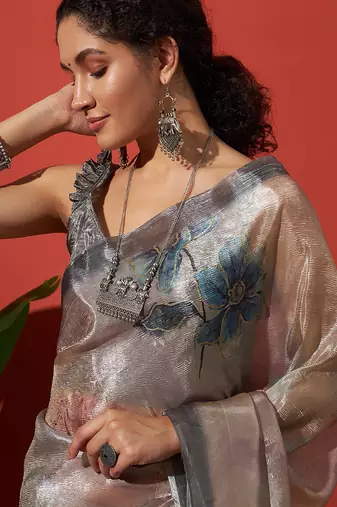 Grey tissue digital printed fancy saree