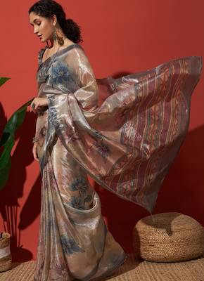 Grey tissue digital printed fancy saree 4