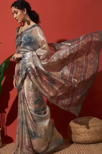 Grey tissue digital printed fancy saree