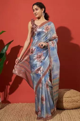 Blue tissue digital printed fancy saree