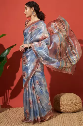Blue tissue digital printed fancy saree