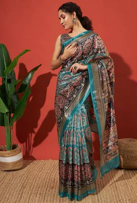 Sea green tissue digital printed fancy saree 1