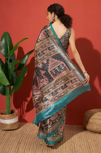 Sea green tissue digital printed fancy saree