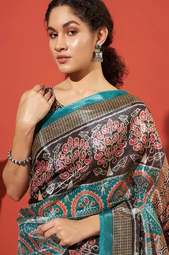 Sea green tissue digital printed fancy saree