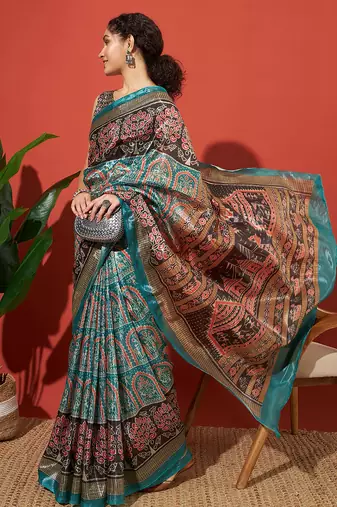 Sea green tissue digital printed fancy saree