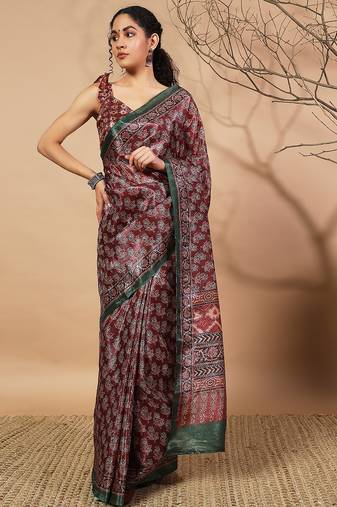 Maroon tissue digital printed fancy saree