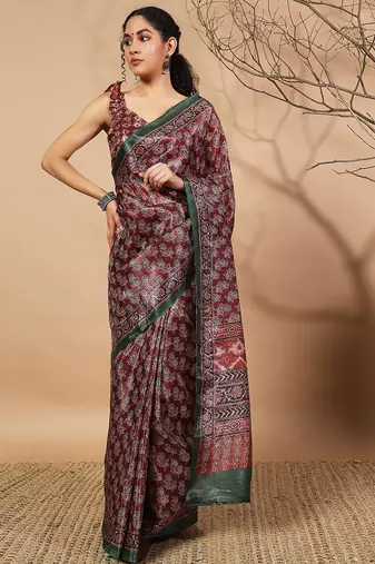 Maroon tissue digital printed fancy saree