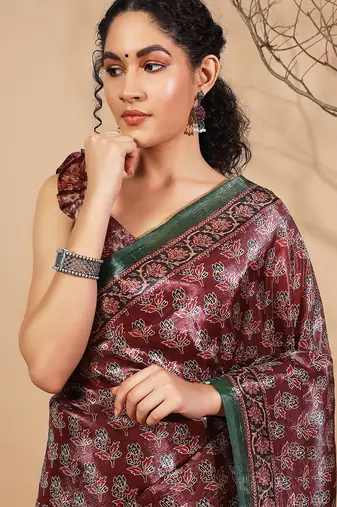 Maroon tissue digital printed fancy saree