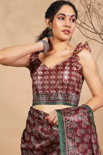 Maroon tissue digital printed fancy saree