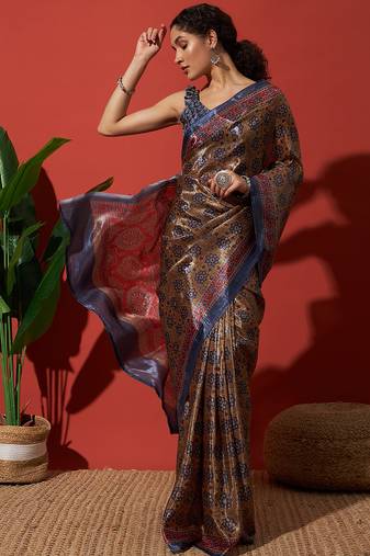 Brown tissue digital printed fancy saree