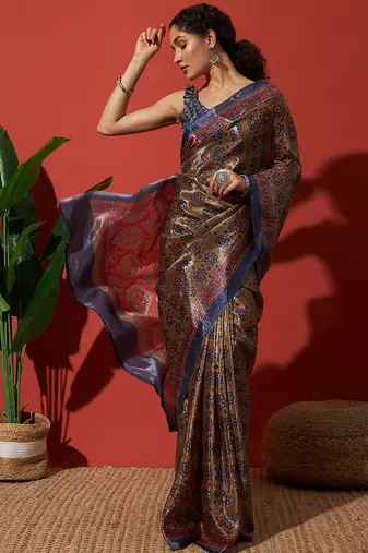 Brown tissue digital printed fancy saree
