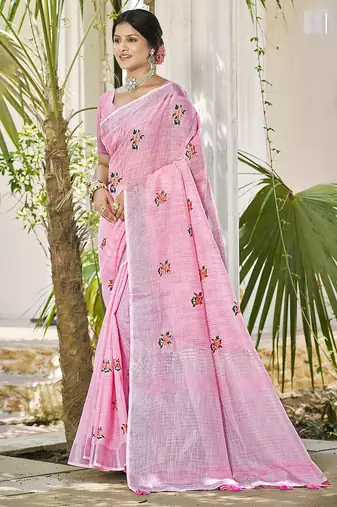 Pink linen embroidered saree