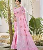 Pink linen embroidered saree