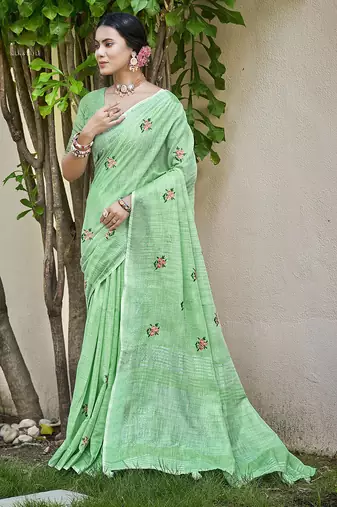 Green linen embroidered saree