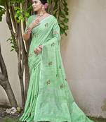 Green linen embroidered saree