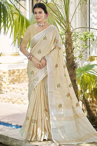 Beige linen embroidered saree