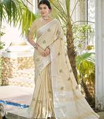 Beige linen embroidered saree