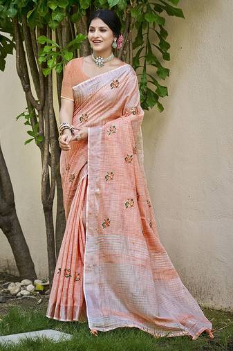 Peach linen embroidered saree