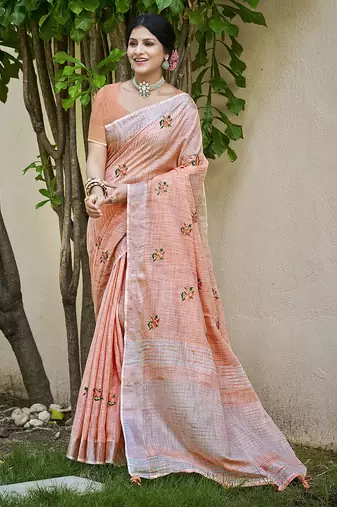 Peach linen embroidered saree