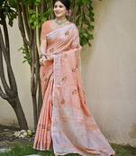 Peach linen embroidered saree