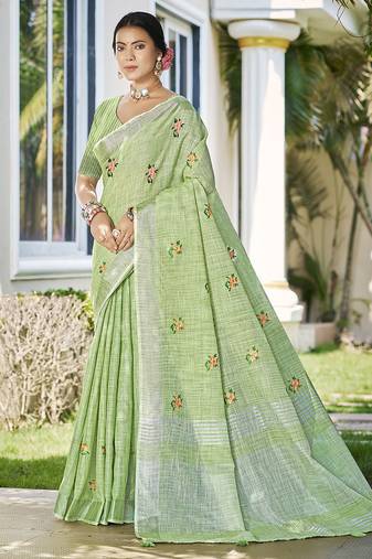 Pista linen embroidered saree