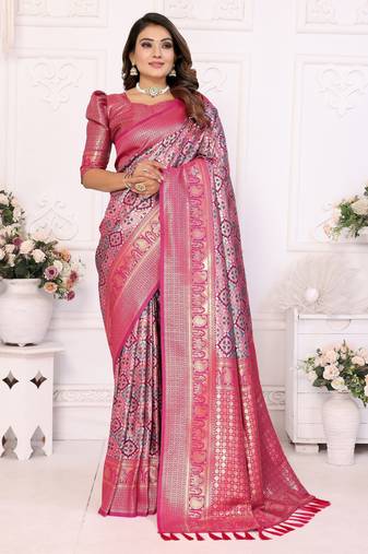 Heavy zari woven pink banarasi silk blend saree